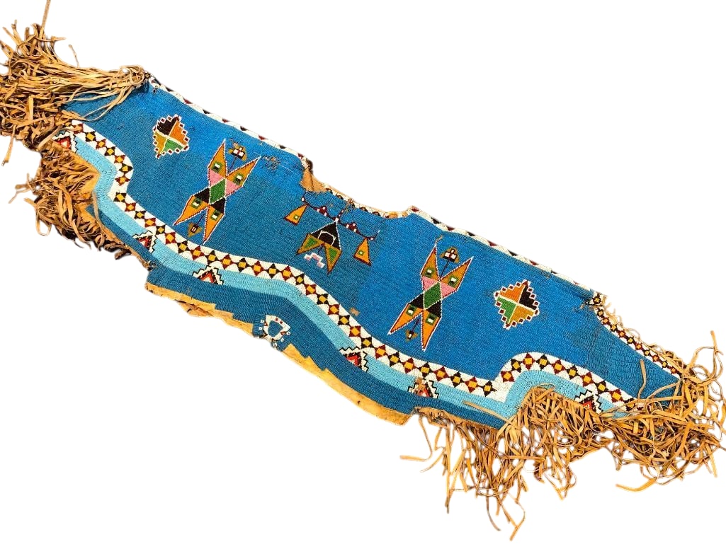 Fully Beaded Plains Dress Yoke: Offered here for your consideration is a beaded Plains dress yoke which features light blue, white, red, yellow, green, and black beadwork sewn on a tanned leather hide in geometric designs and it is 