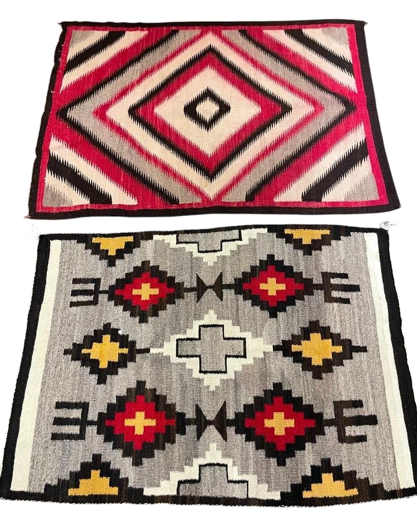 Two Navajo Rugs Circa 1950s To 1960s: Available here for your consideration are two Navajo rugs circa 1950s to 1960s. Both are hand carded and hand spun with natural wool, aniline dyed wool, and some vegetal dyed. The first features a ser