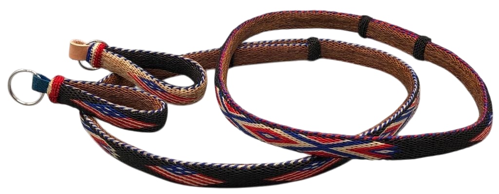 Patriotic Theme Deer Lodge Prison Hatbands With Key Fobs: Offered here for your consideration are two patriotic theme Deer Lodge Prison hatbands and they come with matching key fobs. They feature geometric hitched horsehair designs in shades of red, white, b