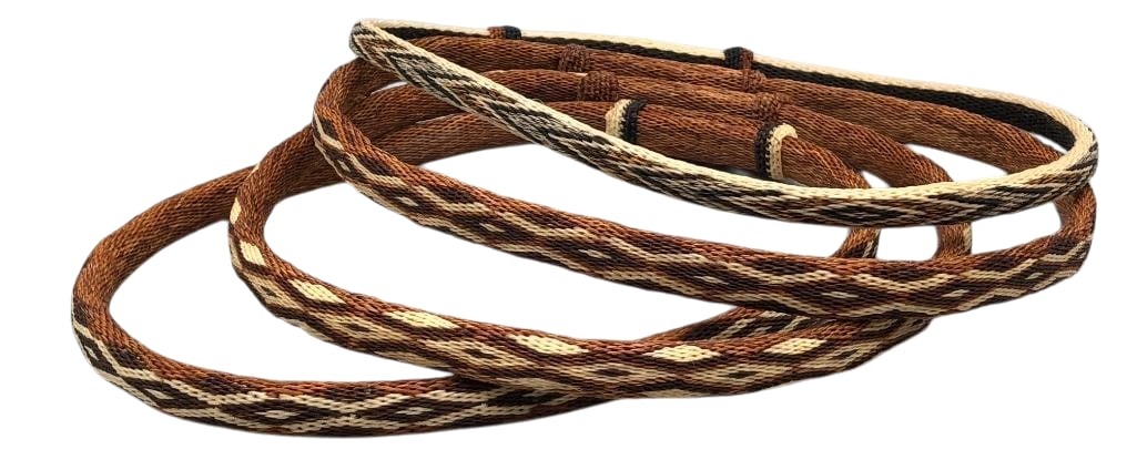 Four Deer Lodge Prison Hitched Horsehair Hatbands: Offered here for your consideration are four Deer Lodge Prison hitched horsehair hatbands. They features geometric hitched horsehair designs in shades of tan, cream, and brown. Add these to your colle