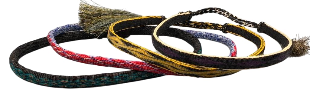 Four Deer Lodge Prison Hitched Horsehair Hatbands: Offered here for your consideration are four Deer Lodge Prison hitched horsehair hatbands featuring geometric hitched horsehair designs in shades of black, yellow, red, blue, green, and cream. Two of 
