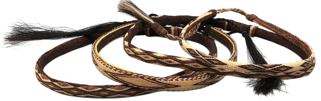 Four Deer Lodge Prison Hitched Horsehair Hatbands: Offered here for your consideration are four Deer Lodge Prison hitched horsehair hatbands featuring geometric hitched horsehair designs in shades of tan, cream, brown, black, and purple. Two of the ha