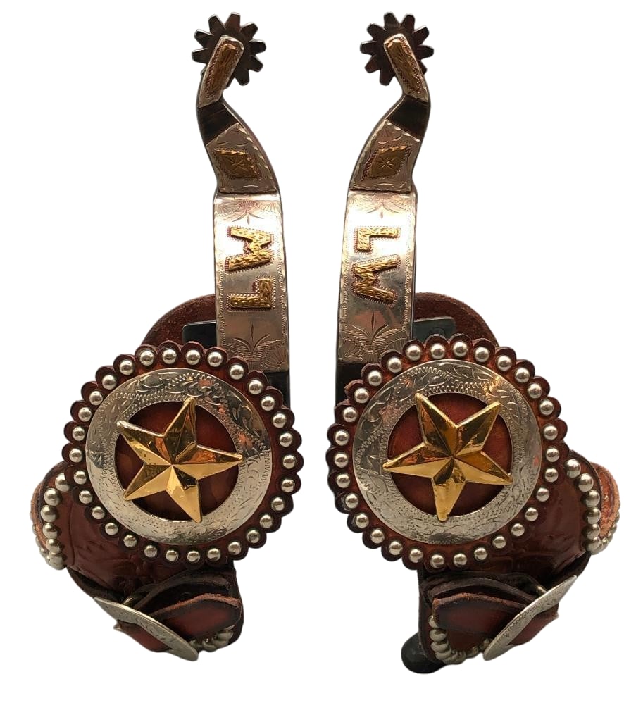Vintage Pair Of Frank Bradney Spurs With John Clark Leathers: Available here for your consideration is a vintage pair of Frank Bradney spurs and they come with John Clark leathers. The spurs are single mounted with engraved silver overlay designs and the initial