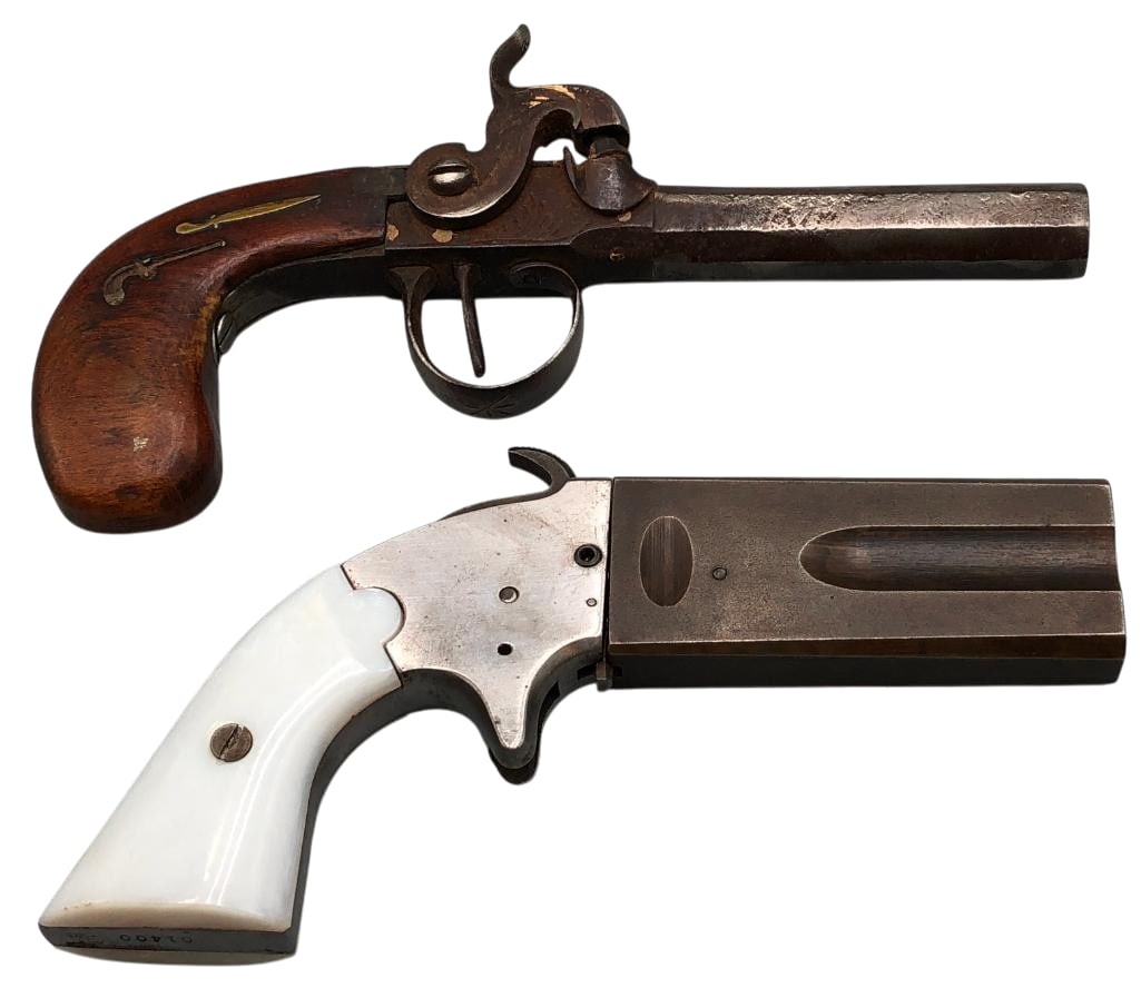 Two Percussion System Pistols - One Antique and One Fairly Modern: Offered here for your consideration are two percussion system pistols - one antique and one fairly modern. The first features a steel octagonal barrel and wood grips with brass inlay accents. *NOTE: O