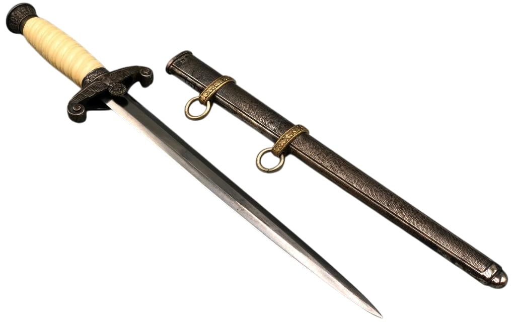 WW2 Era German Officers Dress Dagger: Offered here for your consideration is a WW2 era German officers dress dagger. These were used by military officers of the Third Reich. It features a faux ivory grip, eagle design cross guard, and cro