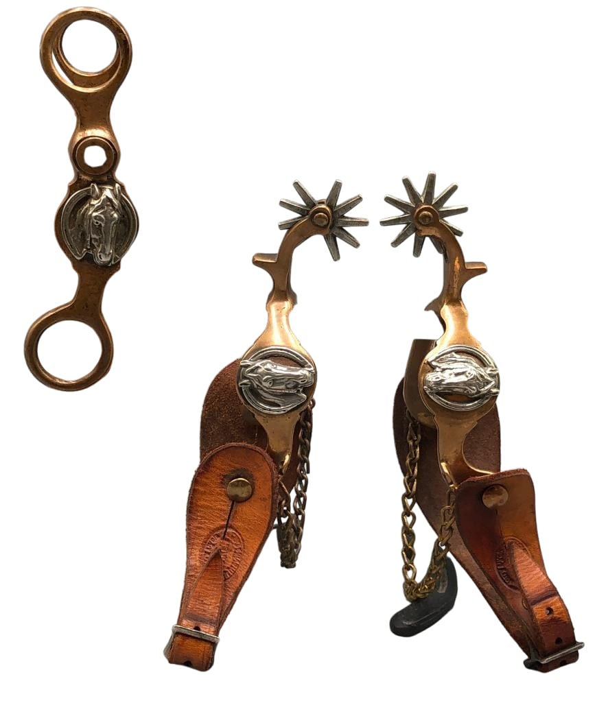Buermann Hercules Horsehead Themed Bronze Spurs & Bit: Available here for your consideration is a pair of Buermann Hercules horsehead themed bronze spurs and matching bit. They feature horseheads on the heel bands of the spurs and shanks or the bit. The s