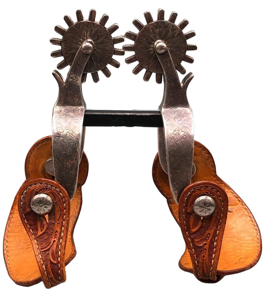 Crockett Spurs Likely Bohlin Engraved With Nice Straps: Available here for your consideration is a pair of rim marked Crockett spurs which appear to have Bohlin engraving and they come with nice leather spur straps. They have engraved scrollwork along the 