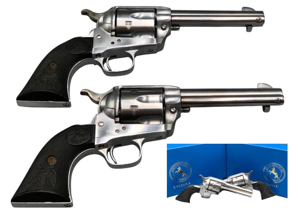 Pair Sequentially Numbered LNIB 3rd Generation .45 Caliber S.A.A. Revolvers: For your bidding pleasure is a pair of sequentially Numbered, like new/in box, 3rd Generation Custom Colt .45 caliber SAA revolvers. According to family, these sequentially numbered customs were fine 