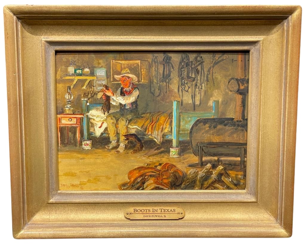 Boots In Texas - Original Oil Painting By Dave Powell: Offered for your purchase is Boots In Texas, an original oil painting by Dave Powell. Painted on board, this work depicts a Western bunkhouse scene where a cowboy is startled when a centipede falls fr