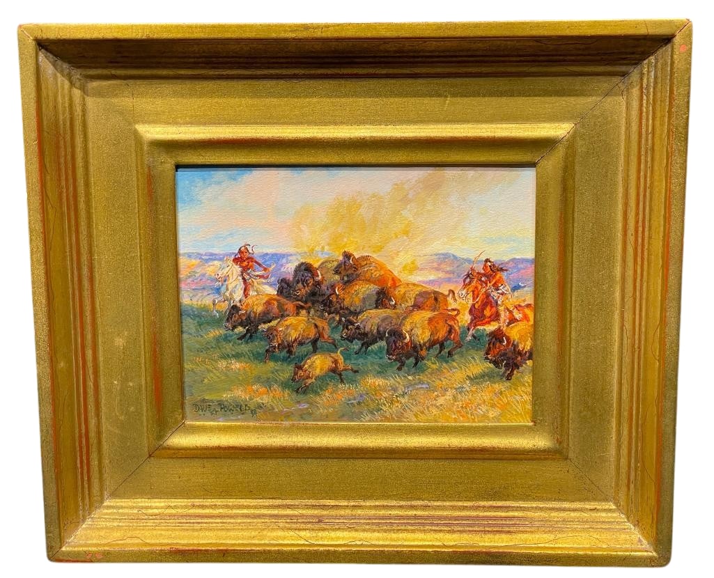 Black Feet And Buffalo Original Oil On Board By Dave Powell: Offered for your purchase here is, Black Feet And Buffalo, an original oil on board by Dave Powell. This piece features two Blackfoot scouts hunting Bison on the range. The painting is housed in a nic