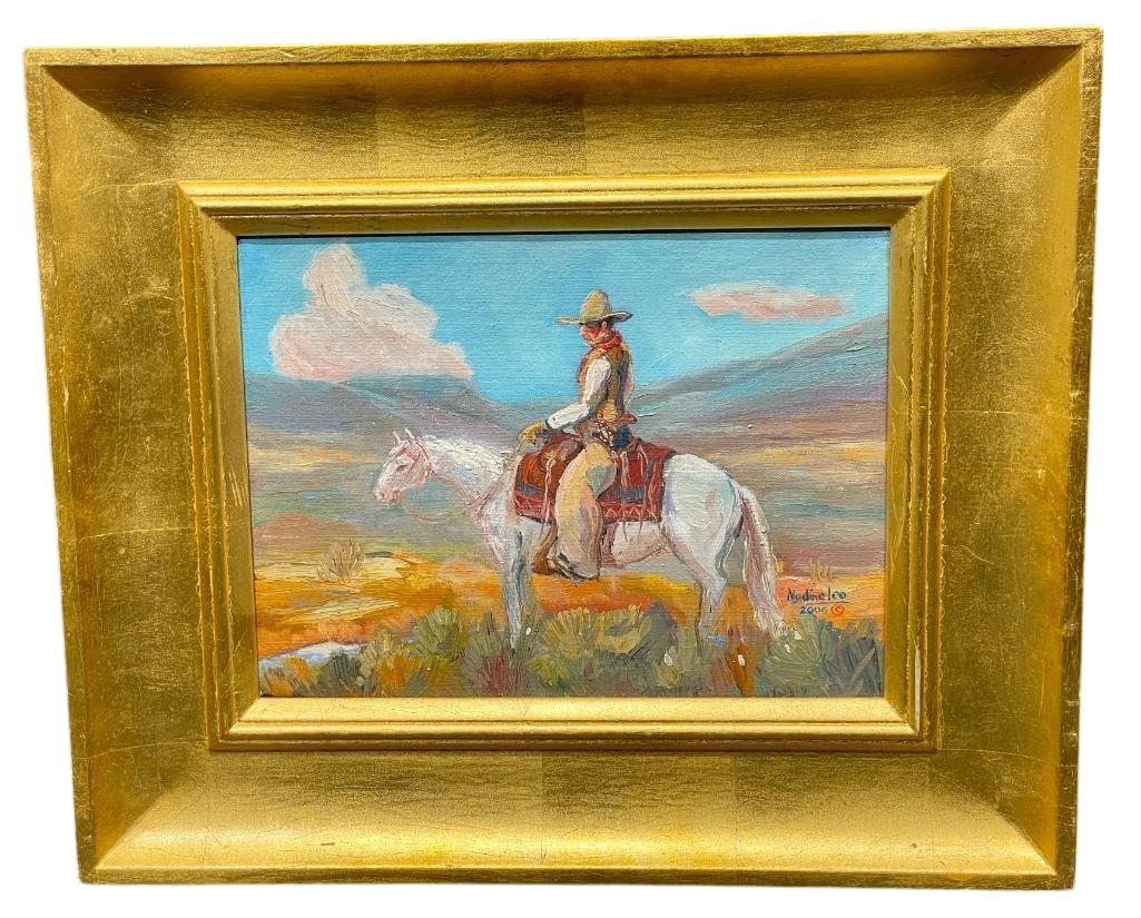 Cowboy Theme Original Oil Painting By Nadine Leo: Offered for your purchase here is a cowboy theme original oil painting by Nadine Leo. This painting is on stretched canvas and features a cowboy wearing chaps, a pistol and large hat while sitting on 