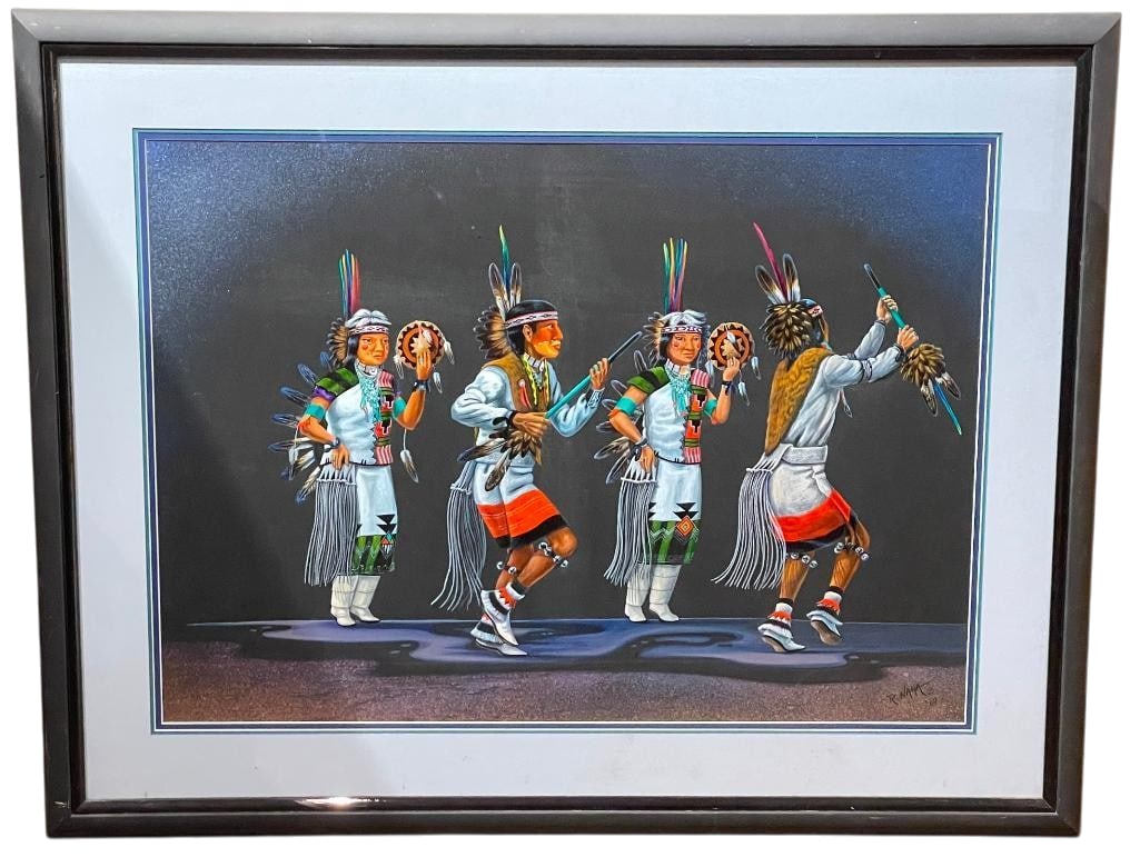 Tewa Yanewa Dance - Original Gouache Painting By Ray Naha: Offered for your purchase here Tewa Yanewa Dance, an original painting by the one and only, Ray Naha. This painting is done on paper in the gouache style of painting. It features two female and two ma