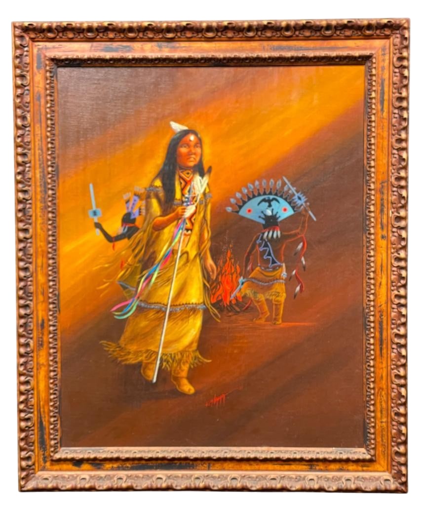 Apache Dancer Theme Oil Painting On Board By Ray Naha: Offered for your purchase here is an Apache Dancer theme original oil painting on board by Ray Naha. This painting depicts an Apache dancer and features Gaan dancers wearing wooden crowns and holding 
