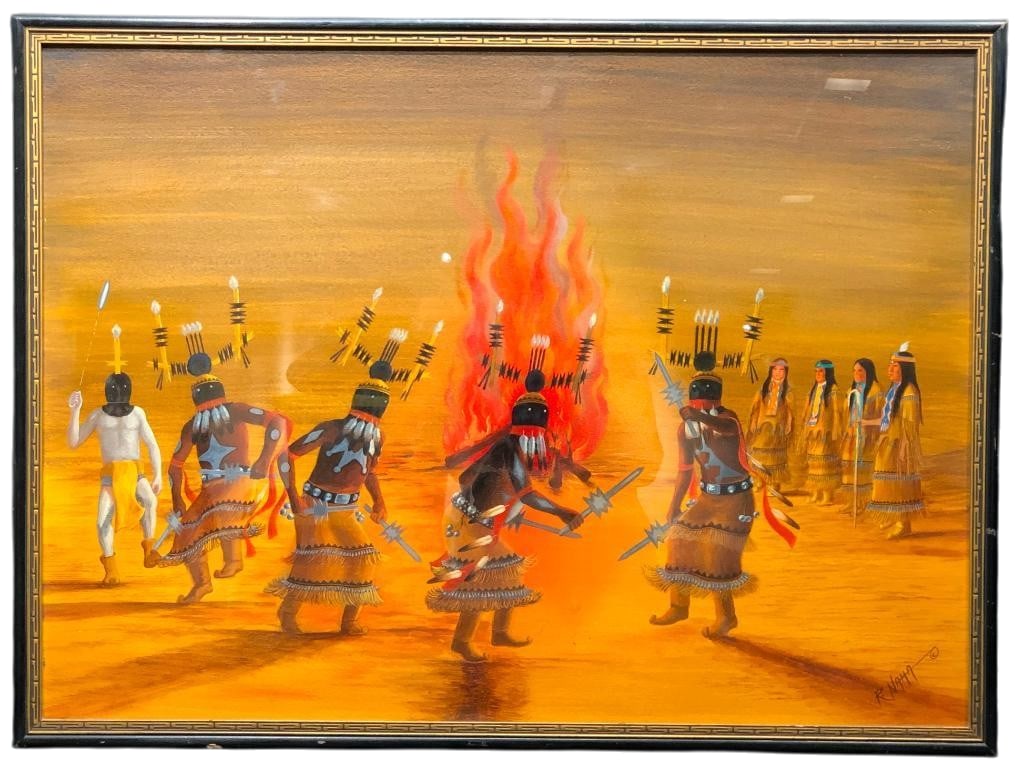 Apache Crown Dancer Theme Gouache Painting By Ray Naha: Offered for your purchase here is an Apache Dancer theme original painting by Ray Naha. This painting depicts the Apache Gaan or Crown Dance. The painting features young women in the background with t