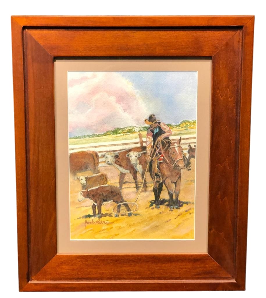 Cowboyin - Original Watercolor By Hank Richter: Offered for your purchase here is "Cowboyin' " an original watercolor by Hank Richter. This painting is done on paper and features a cowboy roping a small calf inside of a corral with catt