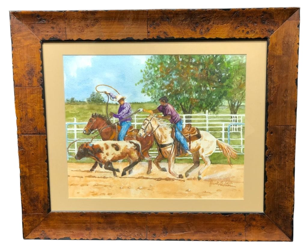 Thunderbird Jackpot Original Watercolor Painting By Hank Richter: Offered for bidding selection is Thunderbird Jackpot, an original watercolor painting by Hank Richter. This is done on paper and features two team ropers chasing a steer. The event takes place in a co