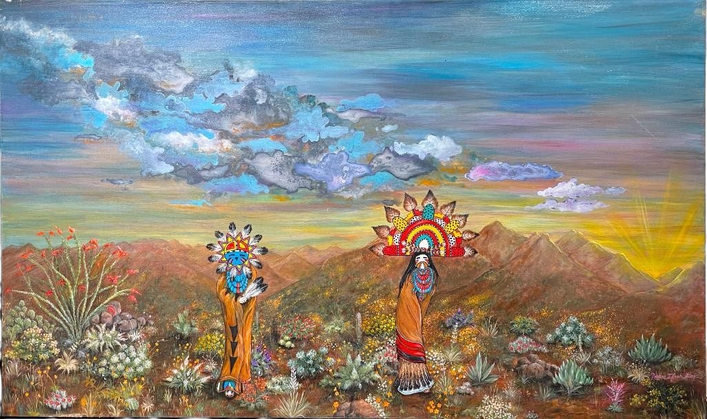 Original Oil On Canvas By Nadine Leo: Offered for your purchase here is a large original oil painting on canvas by Nadine Leo. This painting is done on stretched canvas and features a stylized high desert terrain with blooming flowers and