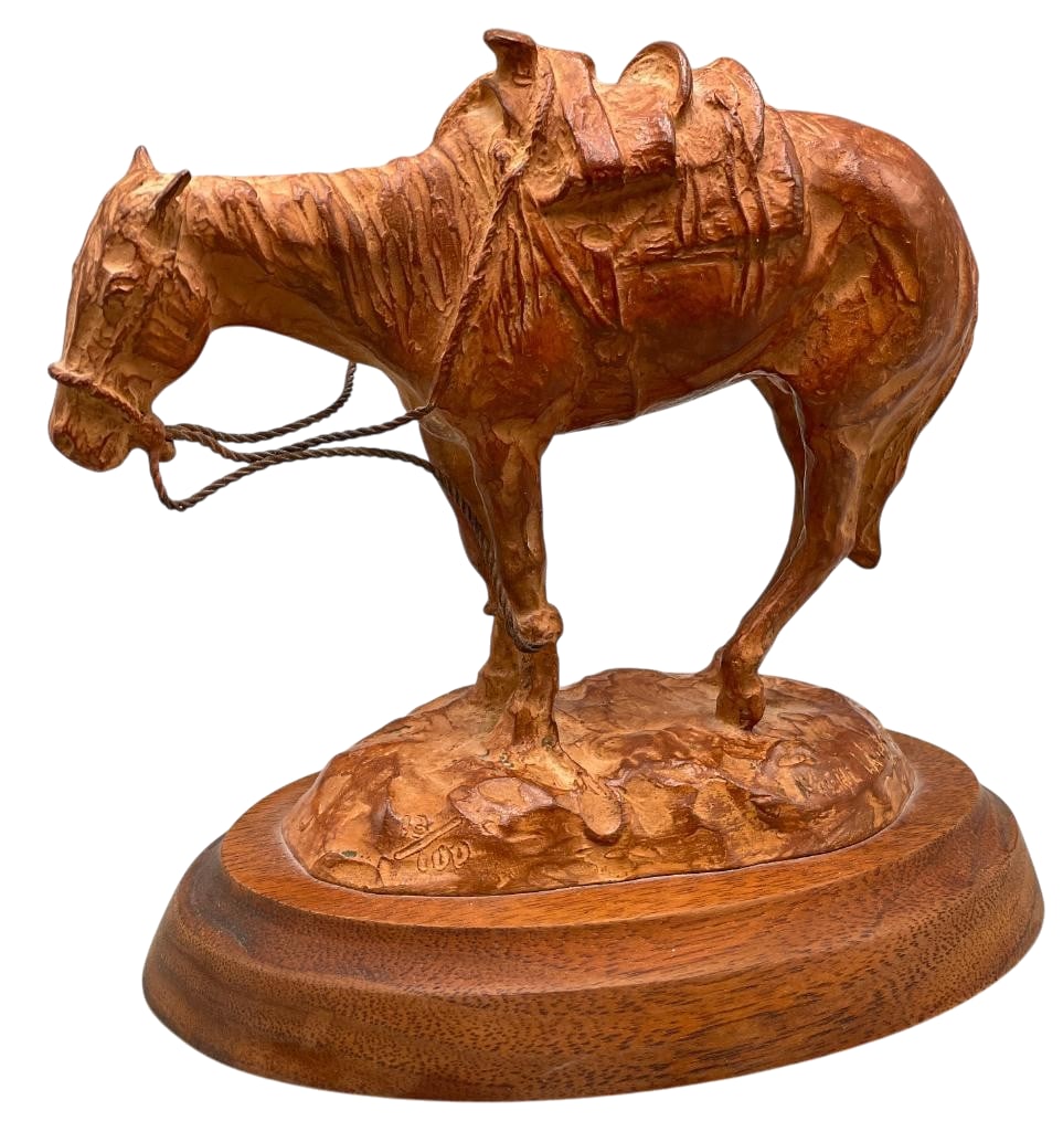 Shorty - An Original Bronze By Mehl Lawson 13 of 100: Offered here for your consideration is Shorty, an original bronze by Mehl Lawson. It depicts a detailed saddled western quarter horse standing on a textured surface. This is mounted on a wooden base a