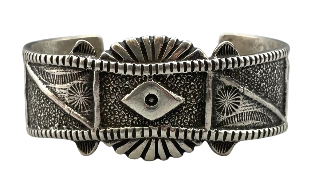 Nice Ingot Bracelet By Virgil Reeder: For your bidding enjoyment we present a nice ingot bracelet by Virgil Reeder. This bracelet features an ingot silver cuff accented with hand stamped patterns, textured backgrounds and raised motifs. T