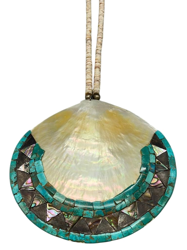 Large Vintage Pueblo Inlay Shell Necklace: Offered here for your consideration is a large Pueblo inlay shell necklace. This piece features a shell pendant highlighted with a turquoise, opal and sterling silver cobblestone inlay. It hangs from 