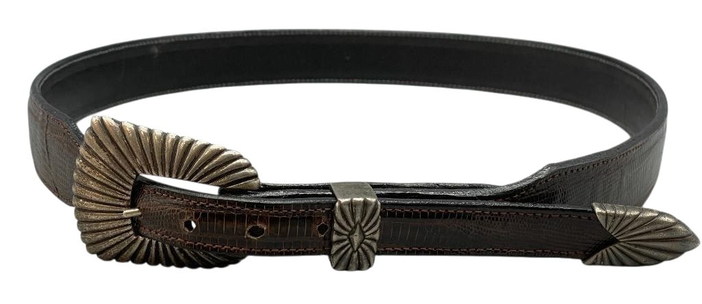 Three Piece Sterling Silver Buckle Set By Douglas Magnus On Leather Belt: Available for your consideration is a three piece sterling silver buckle set by Douglas Magnus, on a nice leather belt. This buckle set includes a buckle, keeper and tip each accented with finely file