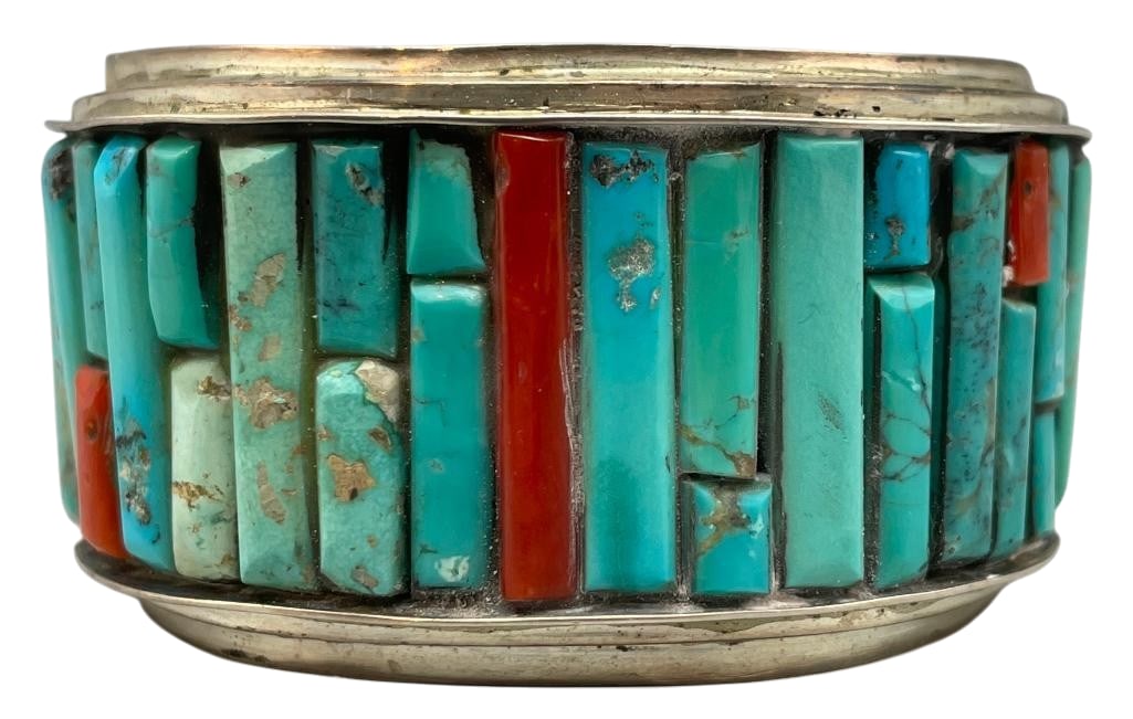 Multi Stone Cobblestone Inlay Cuff Bracelet: Presented for your consideration is a multi stone cobblestone inlay cuff bracelet. This piece features a cobblestone inlay of coral and turquoise. The stones are on a solid silver cuff accented with r