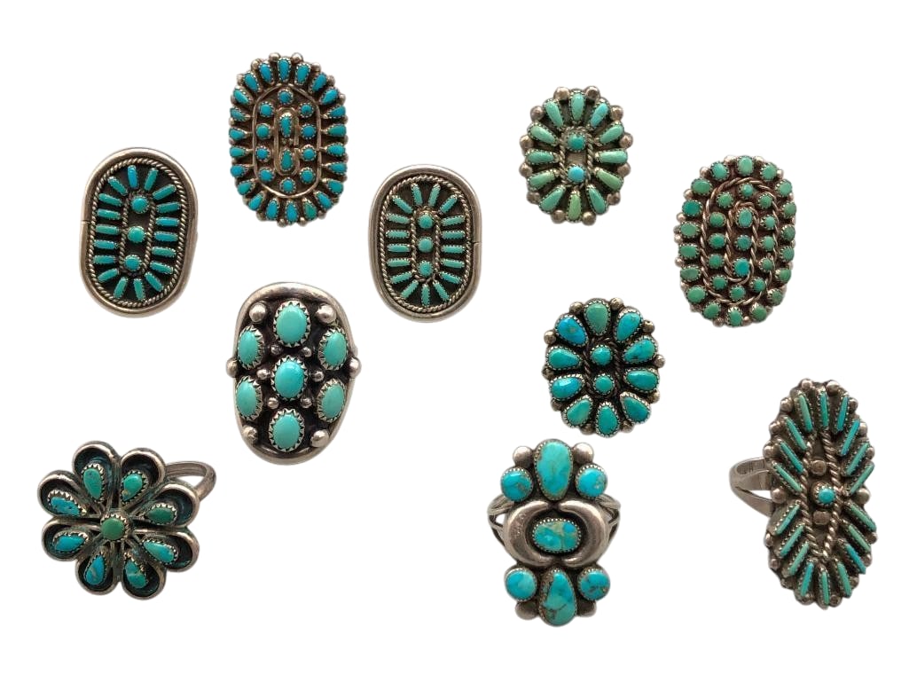 10 Vintage Sterling Silver And Turquoise Rings: Offered here for your consideration are 10 vintage sterling silver and turquoise rings. Each piece features turquoise cabochons set in sawtooth silver bezels accented with silver dots and twisted wire