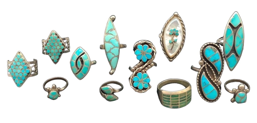 12 Vintage Sterling Silver And Inlay Rings: Offered here for your consideration are 12 vintage sterling silver and inlay rings. These pieces feature turquoise inlay designs accented with a variety of silverwork including channels, dots, twisted