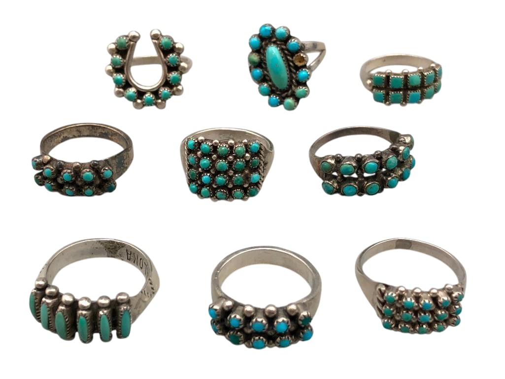 9 Sterling Silver And Turquoise Rings All Vintage: Offered here for your consideration are nine sterling silver and turquoise rings - all vintage. These pieces feature turquoise cabochons set in silver bezels accented with silver dots and twisted wire