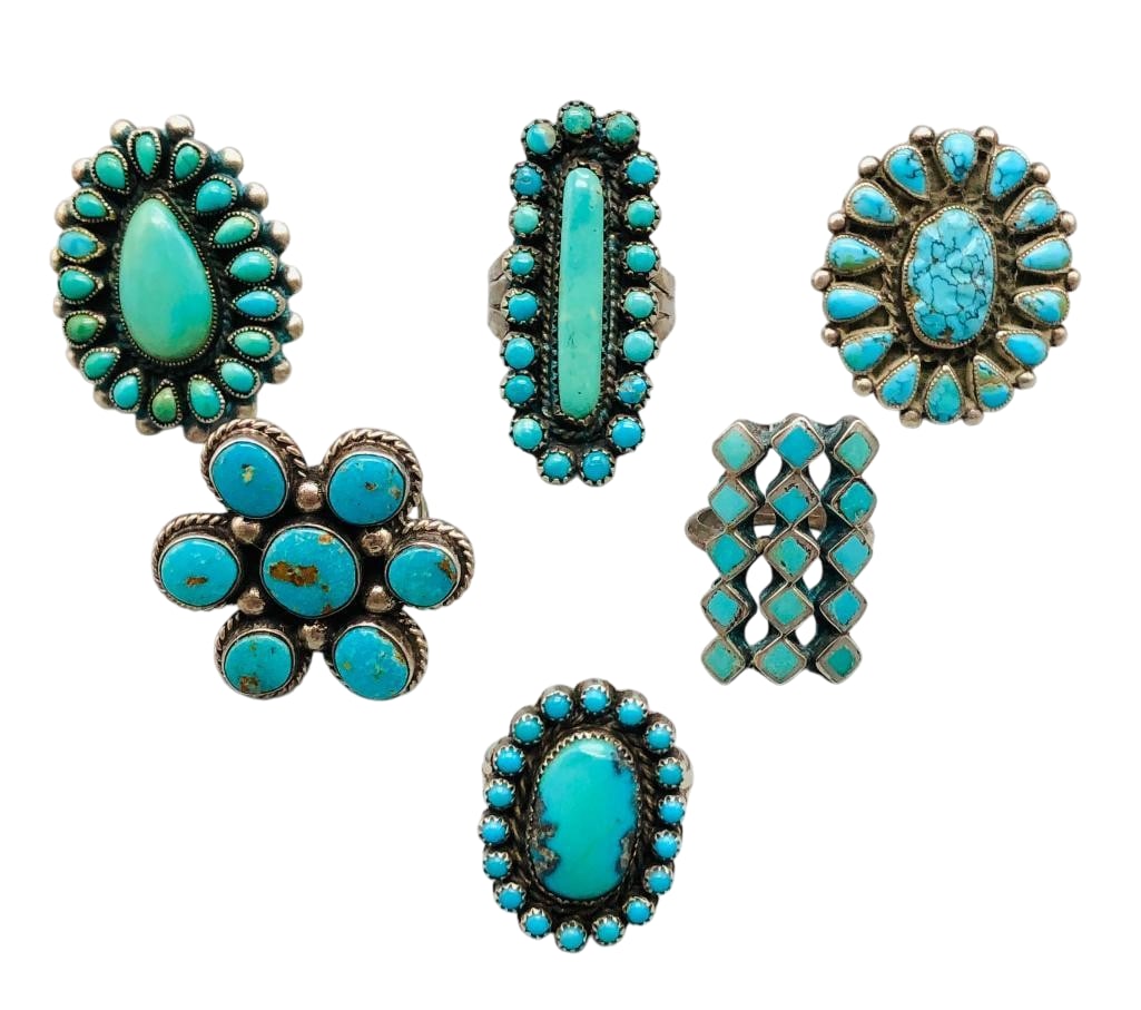 Group Of Nice Turquoise And Sterling Silver Cluster Rings: Offered here for your consideration is a group of nice turquoise and sterling silver cluster rings. Most of the pieces feature a cluster of turquoise cabochons set in silver bezels, while one ring sho