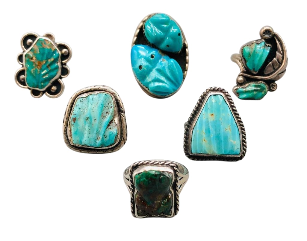 Group of Six Vintage Exquisite Carved Turquoise And Sterling Silver Rings (1 of 10)