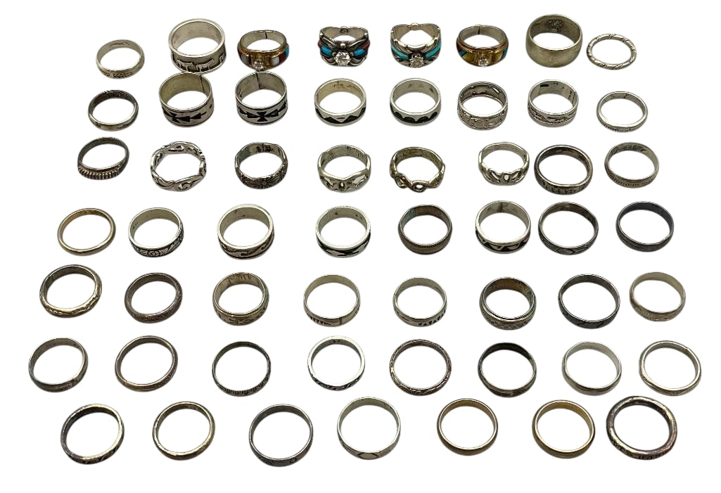 Group Of 55 Rings In Various Styles, Settings And Metals: Offered here for your consideration is a group of 55 rings in various styles, settings and metals. Four of the pieces feature inlay designs of turquoise, coral, mother of pearl and others highlighted 