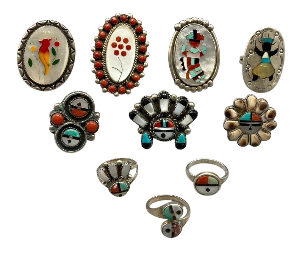 10 Nice Multi Stone Inlay And Sterling Silver Rings: Offered here are 10 nice multi stone inlay and sterling silver rings. These pieces are each highlighted by a multi stone inlay set in silver, featuring designs such as Kachinas, birds, Sunfaces and fl