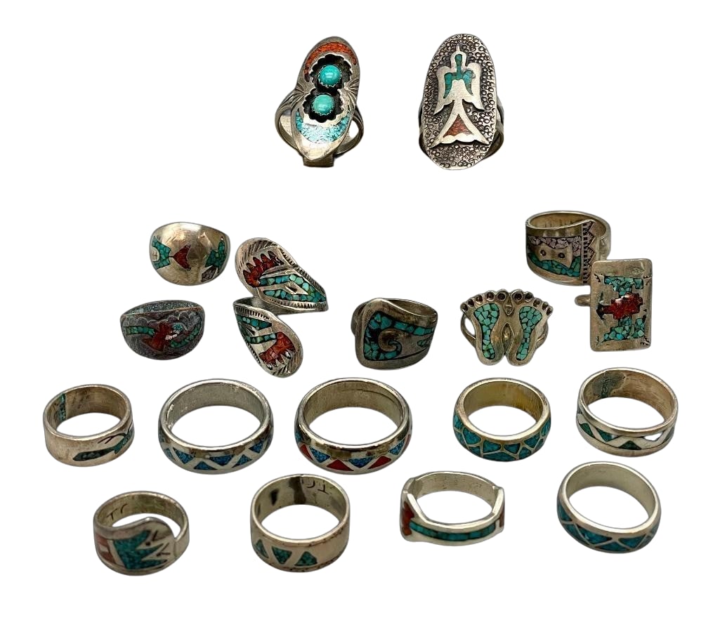18 Vintage Sterling Silver And Chip Inlay Rings: Offered here are 18 vintage sterling silver and chip inlay rings. Each of these pieces features a chip inlay of turquoise or a combination of turquoise and coral. Hand stamped designs and intricately 
