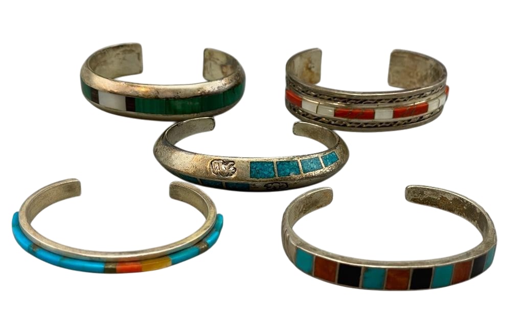 Group Of Five Sterling Silver And Inlay Bracelets (1 of 12)