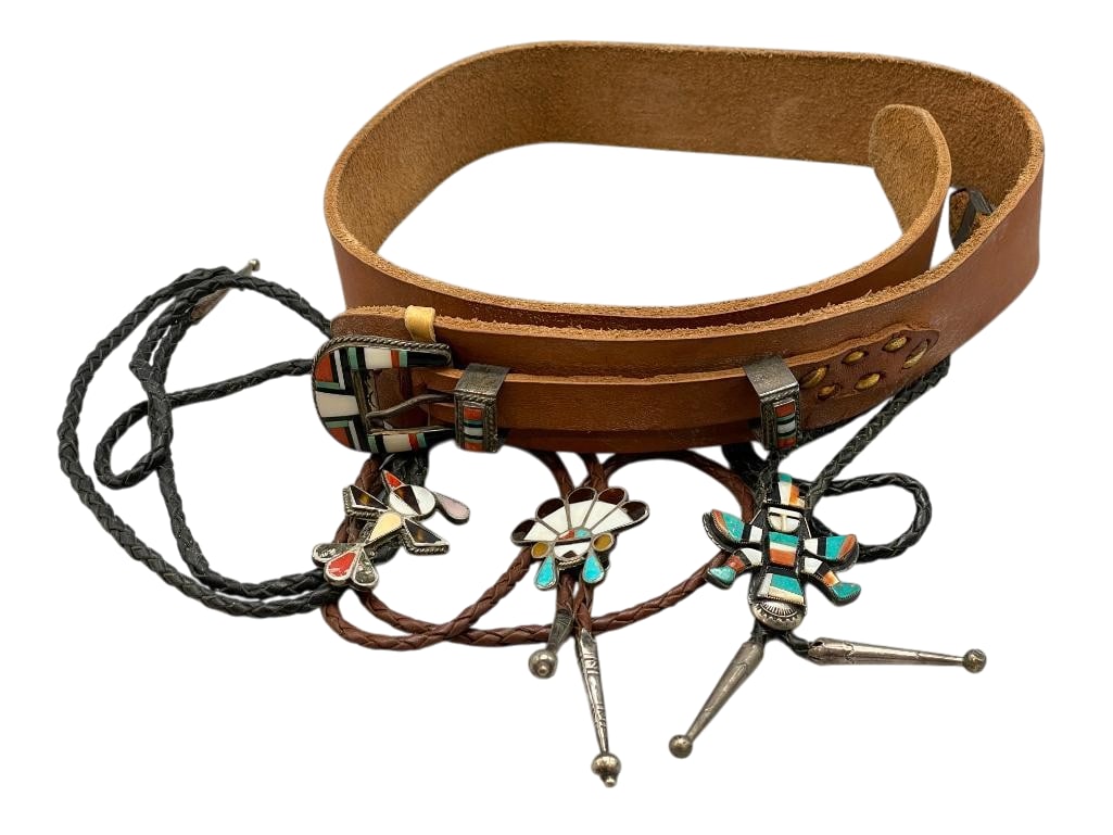 Group Of Multi Stone Inlay Bolo Ties And Ranger Buckle Set: Offered here for your consideration is a group of multi stone inlay bolo ties and ranger buckle set. Each piece features a multi stone inlay design of turquoise, coral, mother of pearl, onyx and other