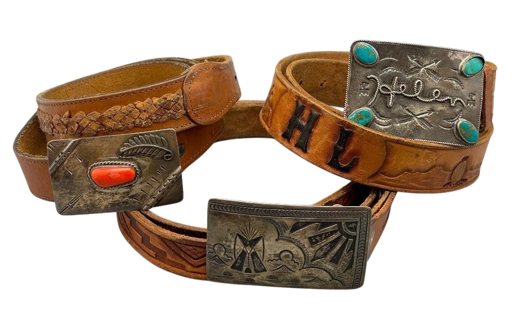 Three Belt Buckles With Various Designs On Leather Belts (1 of 12)