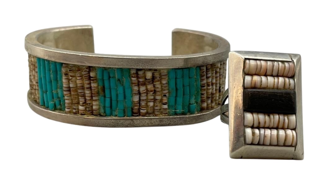 Sterling Silver And Inlay Heishi Bead Bracelet By Verna Tahe And Ring: Offered here is a sterling silver and inlay Heishi bead bracelet by Verna Tahe and ring. This bracelet and ring both feature rows of Heishi beads inlaid in silver, incorporating turquoise, shell and o
