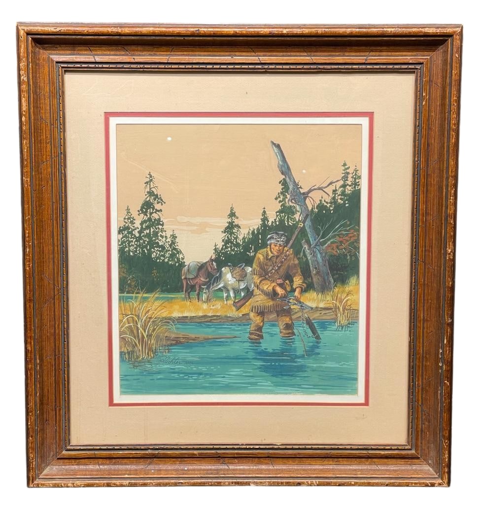 Dinner Time - Original Watercolor By Hank Richter: Offered for your consideration is Dinner Time, an original watercolor by Hank Richter. This detailed painting is done on paper and features a mountain man in buckskin attire, preparing to set a beaver