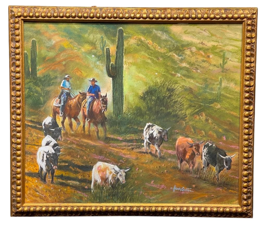 Desert Drive - Original Watercolor By Hank Richter: Offered for your purchase here is Desert Drive, an original watercolor by Hank Richter. This beautiful painting is done on paper and features two ranchers on horseback herding cattle through the deser