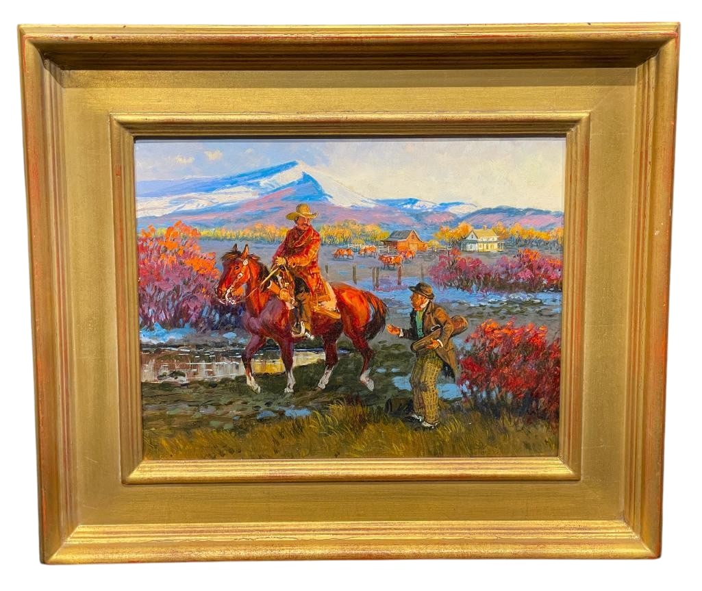 The Ant And The Grasshopper - Original Oil On Board By Dave Powell: Offered for your purchase here is The Ant and The Grasshopper - Thrift and Sloth, an original oil painting on board by Dave Powell. This painting features a working cowboy on horseback conversing with