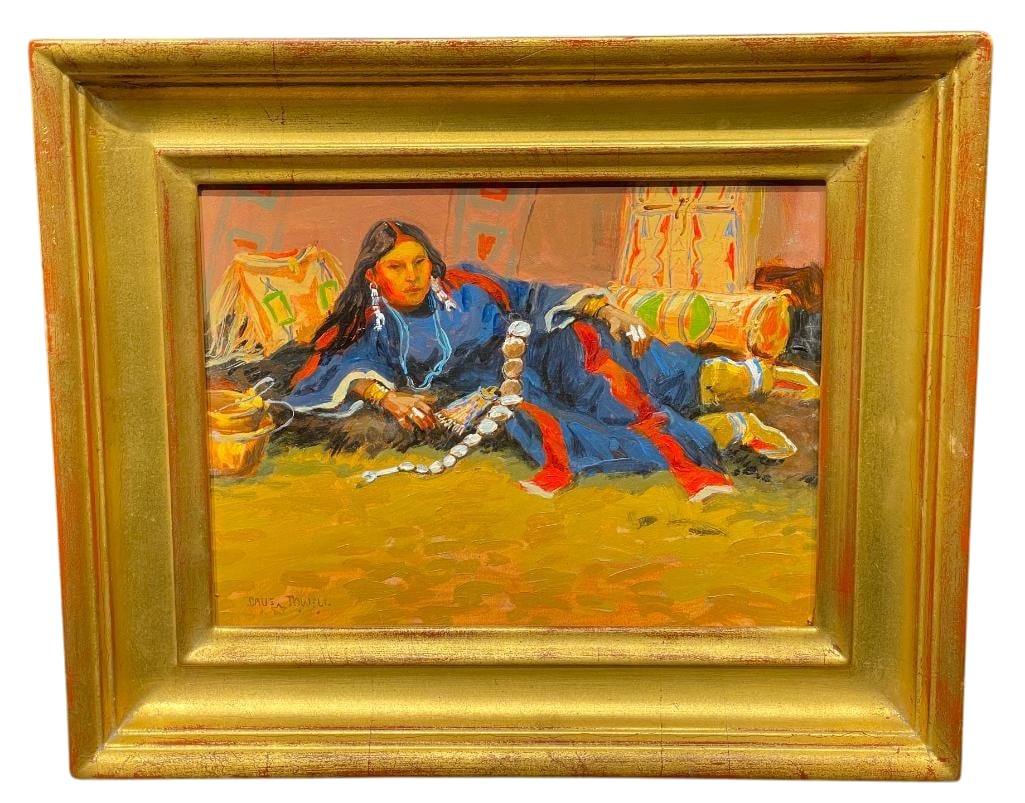 Kiowa Colors - Original Oil On Board By David Powell: Offered for your purchase here is Kiowa Colors, an original oil painting by Dave Powell. This painting on depicts a Kiowa woman wearing a blue dress adorned with jewelry, a beaded pouch, a red headban