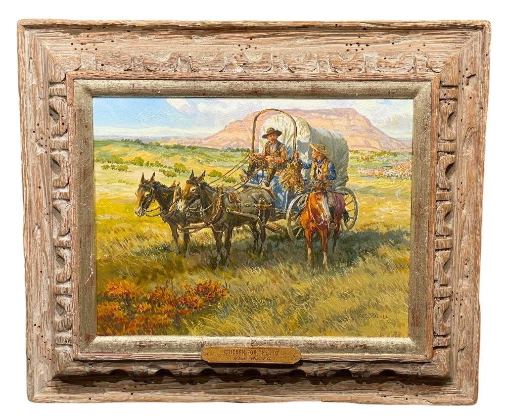 Chicken For The Pot - An Original Oil On Board By Dave Powell: Offered for your bidding pleasure is Chicken For The Pot, an original oil painting by Dave Powell. This artwork on board shows a horse-drawn wagon on the range with a teamster holding the reins. Besid