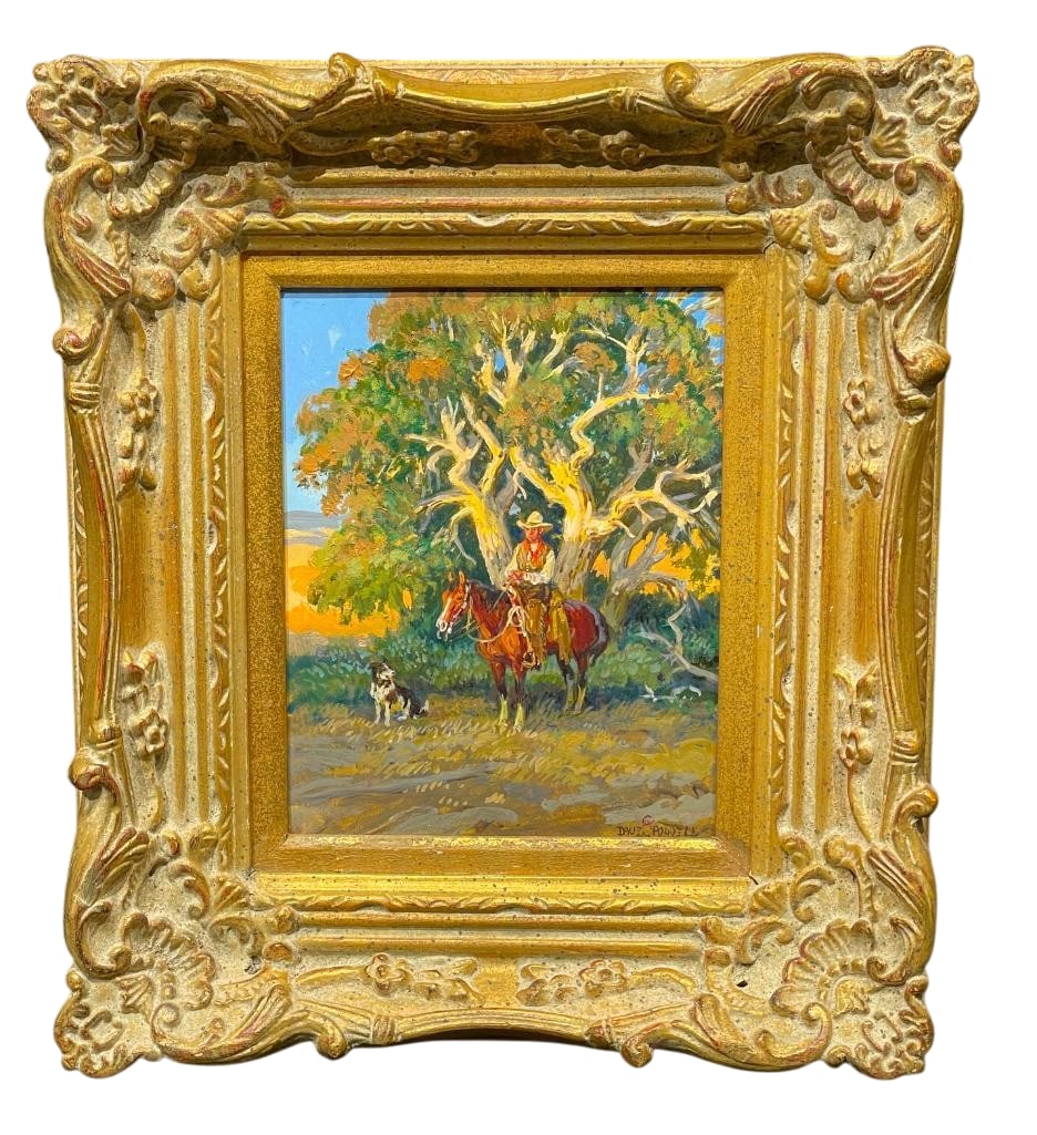 A Pardner And A Sidekick - Original Oil On Board By Dave Powell: Offered for your bidding pleasure is A Pardner And A Sidekick, an original oil painting by Dave Powell. This art is done on illustration board and shows a cowboy with a wide brim hat, vest and chaps s