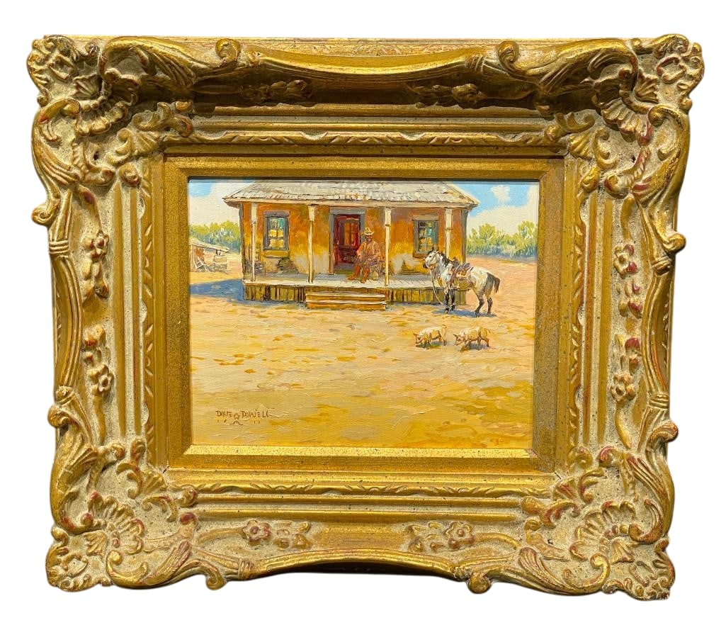 Hat Creek Headquarters - Original Oil On Board By David Powell: Offered for your bidding pleasure is Hat Creek Headquarters, an original oil painting on board by Dave Powell. This art shows a cowboy sitting on the front porch of his ranch house, his horse hitched 