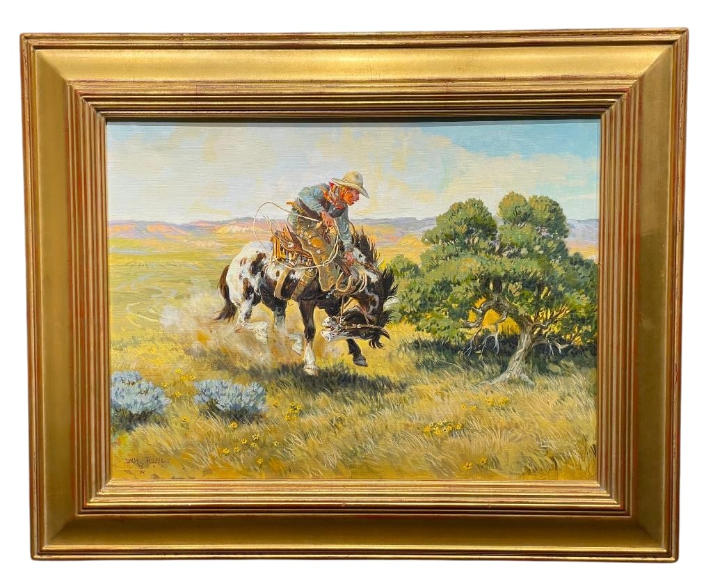 Ain't Aiming To Work An Original Oil Painting By David Powell: Offered for your bidding pleasure is Ain't Aiming to Work, an original oil painting by Dave Powell. This art is done on stretched canvas and features a cowboy wearing a wide brim hat, vest, and ch