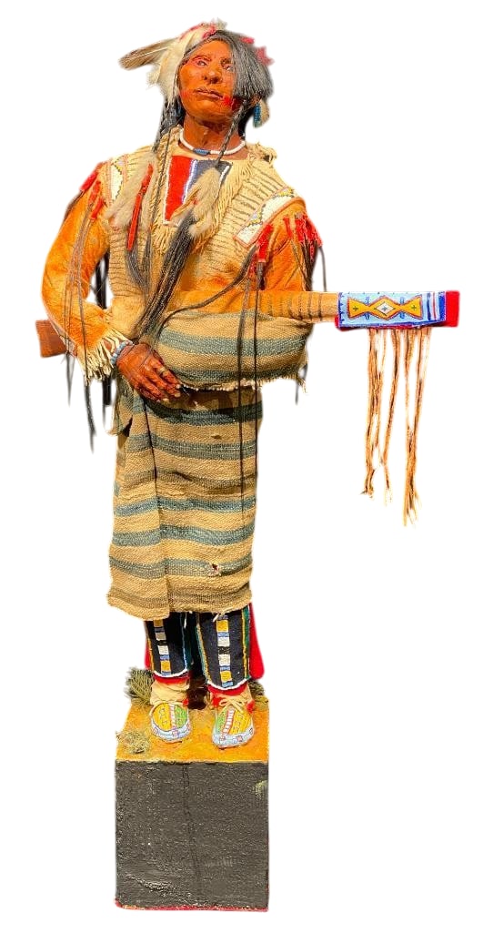 Gros Venture Man Mixed Media Figurine By Dave Powell: Offered here for your consideration is Gros Venture Man, a mixed media, 27" figure by Dave Powell. This depicts a Native American man standing in handmade Plains regalia, wearing a fringed buckski