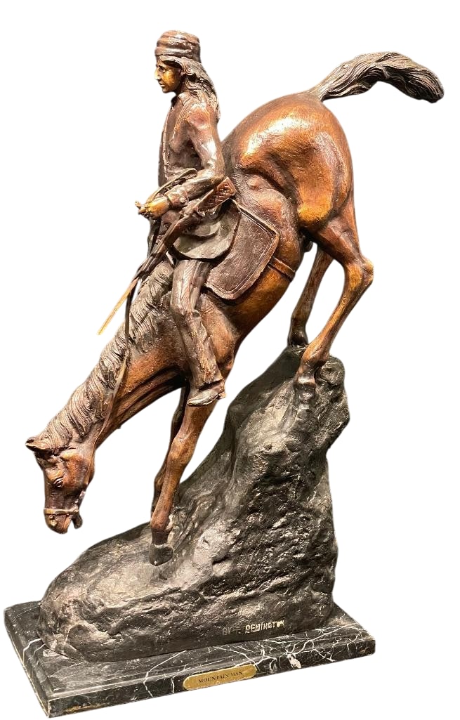 25 Inch Contemporary Remington Recasting Of Mountain Man: Offered here for your consideration is a 25 inch contemporary recast of Remington's, Mountain Man. This sculpture features a mountain man on horseback. The horse is stretched for balance while hea