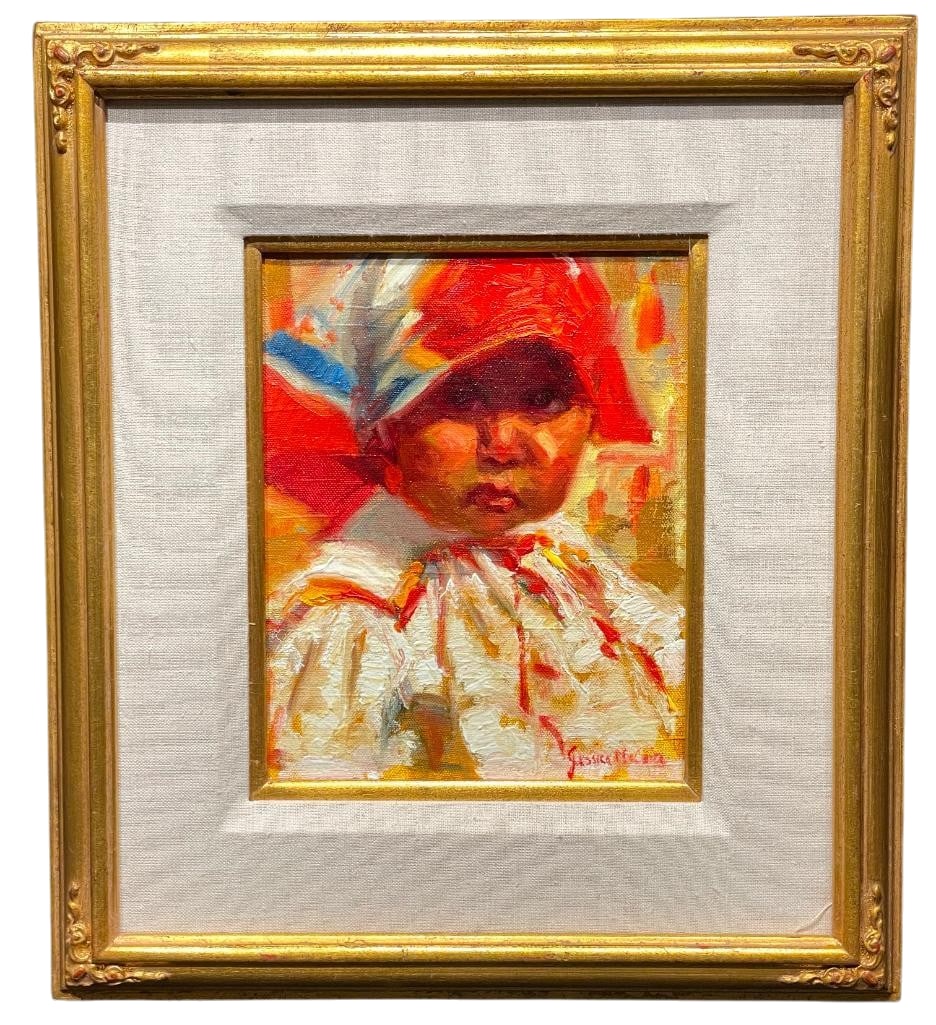 Red Scarf Indian Child - Original Oil Painting By Jessica McCain - Daughter of Buck McCain: Offered for your purchase here is Red Scarf Indian Child, an original oil painting by Jessica McCain. This painting on stretched canvas depicts a young Native American girl gazing thoughtfully, dresse