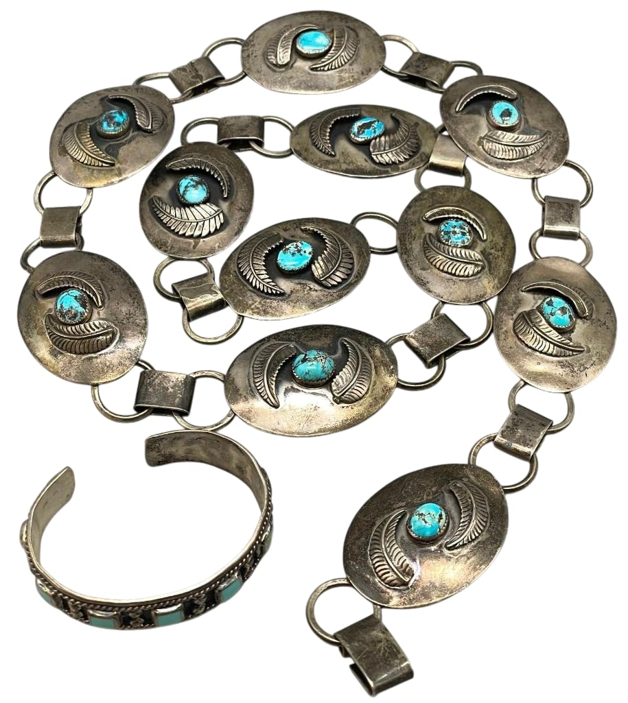 Sterling Silver Link Concho Belt And Turquoise Bracelet (1 of 19)